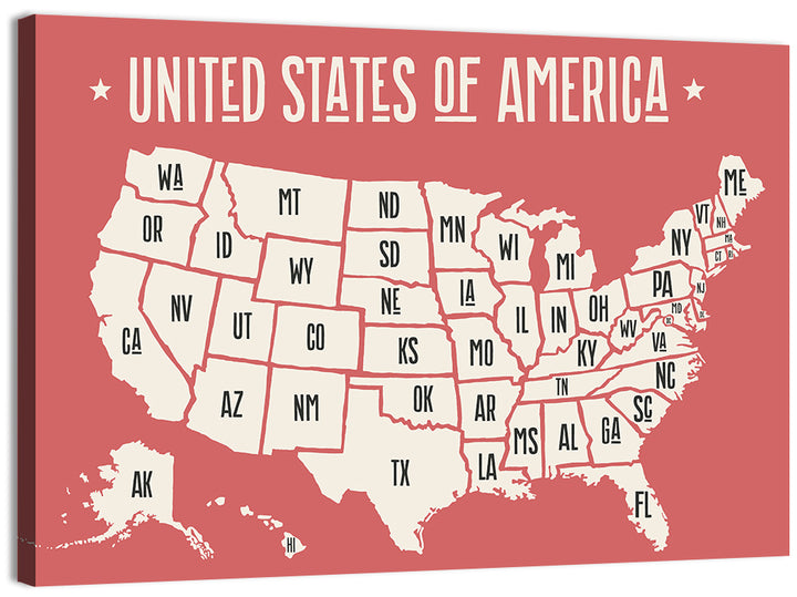 United States Map with State Abbreviations Wall Art
