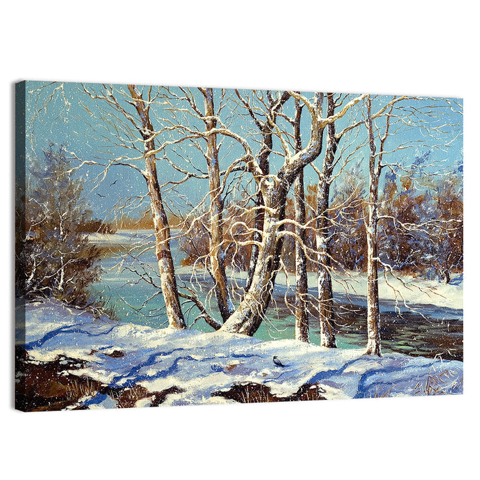 Bare Trees Along a Frozen River Wall Art as a canvas print