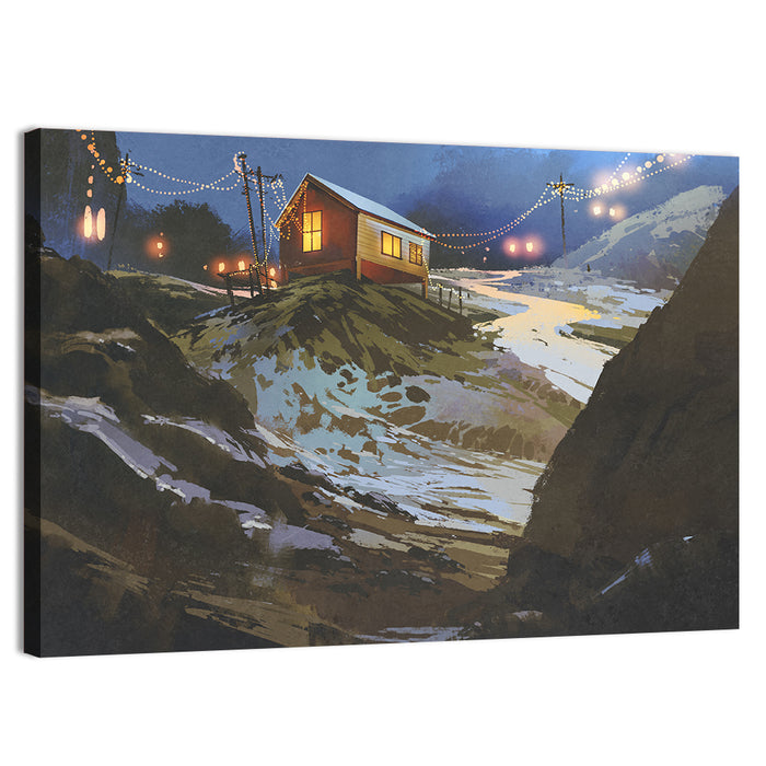 Wooden Cabin in Snowy Mountains Wall Art as a canvas print