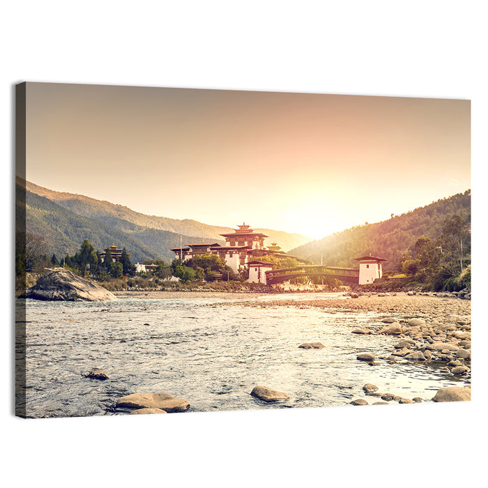 Punakha Dzong at Golden Hour Wall Art as a canvas print