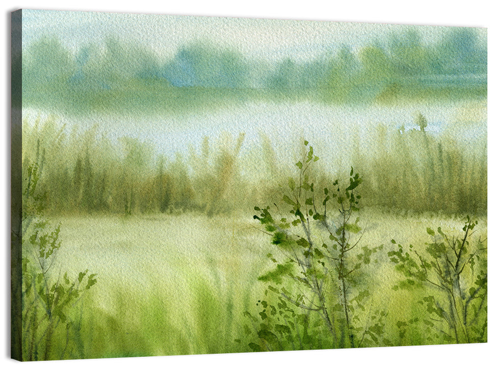 Misty River Meadow Watercolor Wall Art, canvas print, landscape