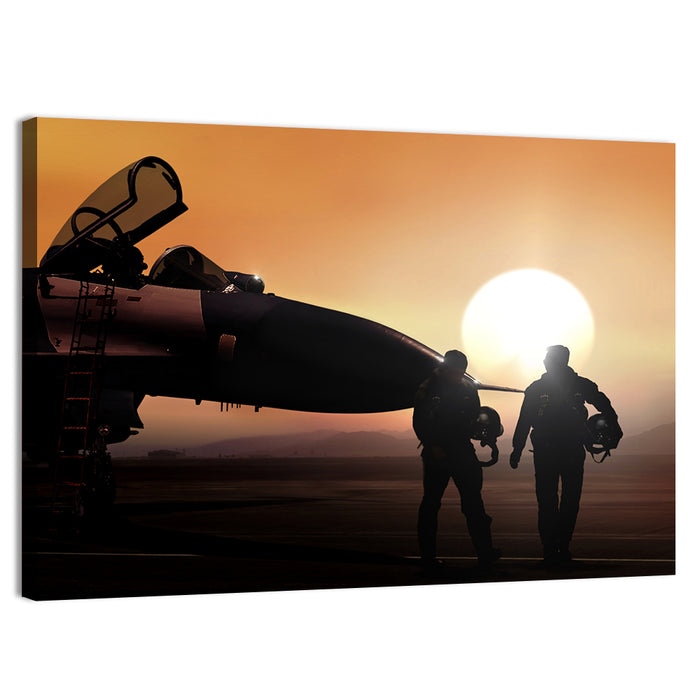 Pilots and Supersonic Jet at Sunset Wall Art as a canvas print