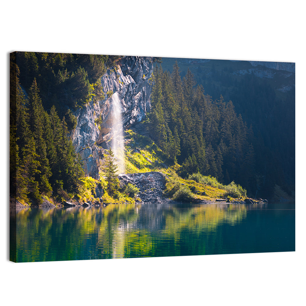 Lake Oeschinen Waterfall Reflection Wall Art, canvas print, landscape