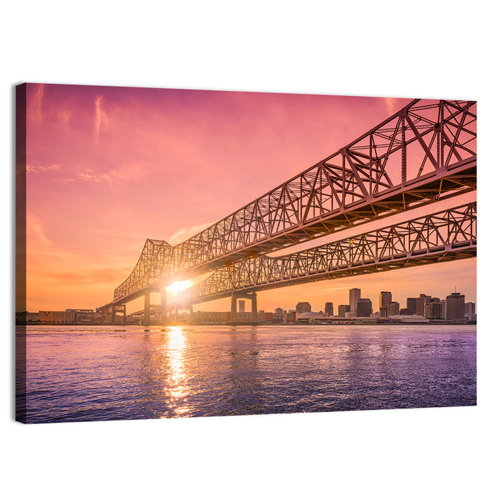 Crescent City Connection at Sunset Wall Art as a canvas print