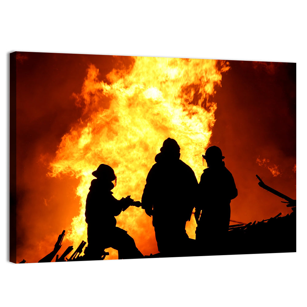 Firefighters Silhouetted Against Flames Wall Art, canvas print, landscape