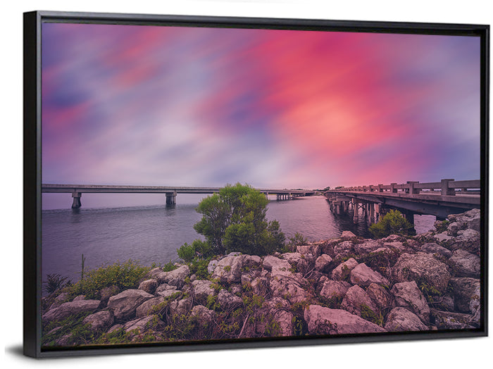 Amelia Island Sunset Bridge Wall Art as a framed canvas