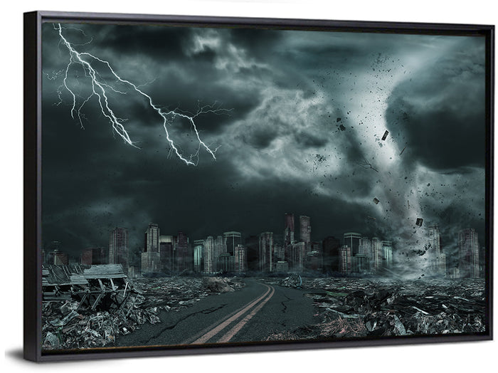 Tornado Over Destroyed City Skyline Wall Art as a framed canvas