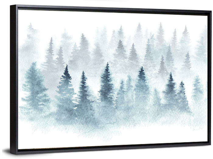 Misty Pine Forest Watercolor Wall Art as a framed canvas