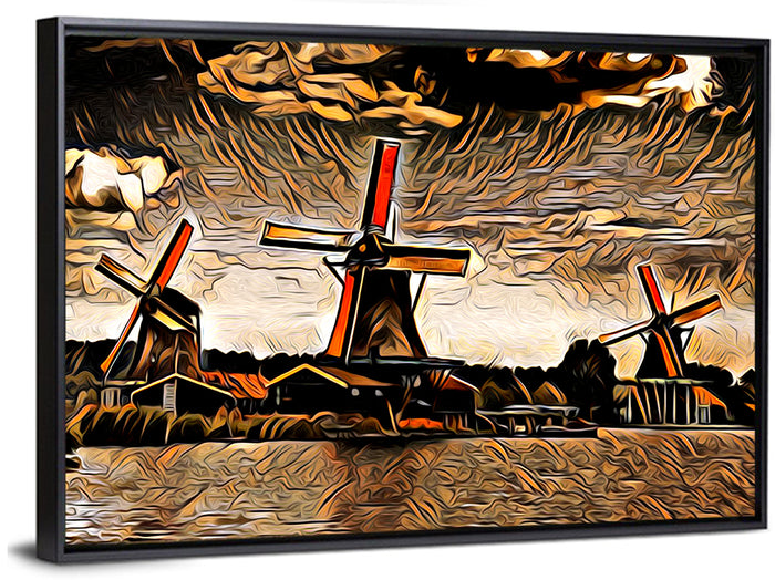 Retro Windmills at Sunset Wall Art as a framed canvas