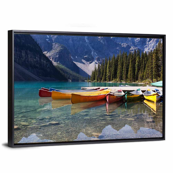Canoes at Moraine Lake Wall Art as a framed canvas