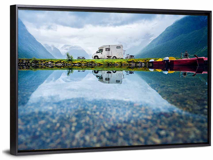 Motorhome by Mountain Lake Wall Art as a framed canvas