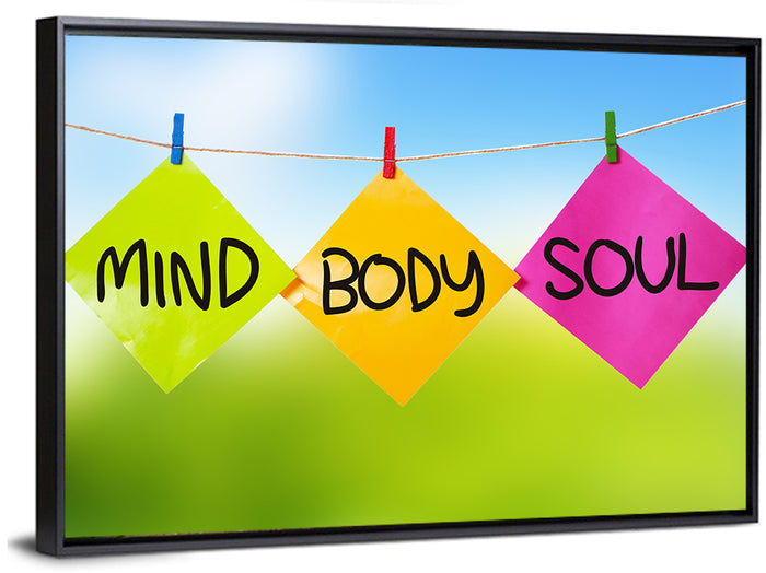 Mind Body Soul Paper Trio Wall Art as a framed canvas