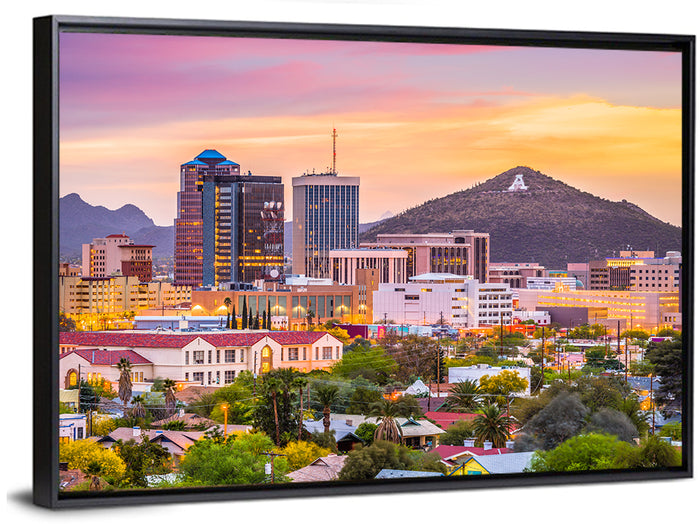 Tucson Skyline at Golden Hour Wall Art as a framed canvas