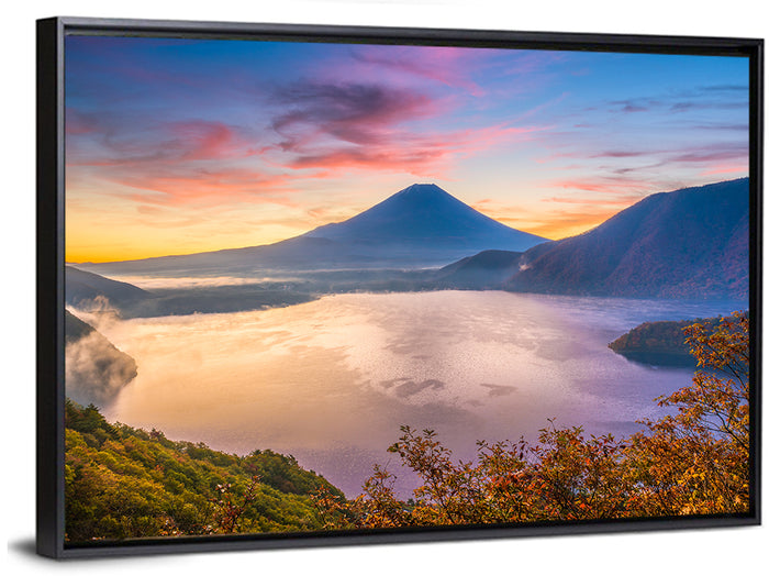 Mount Fuji at Lake Motosu, Autumn Sunrise Wall Art as a framed canvas