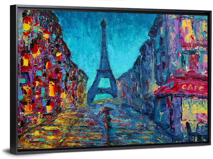 Rainy Paris Street with Eiffel Tower Wall Art as a framed canvas