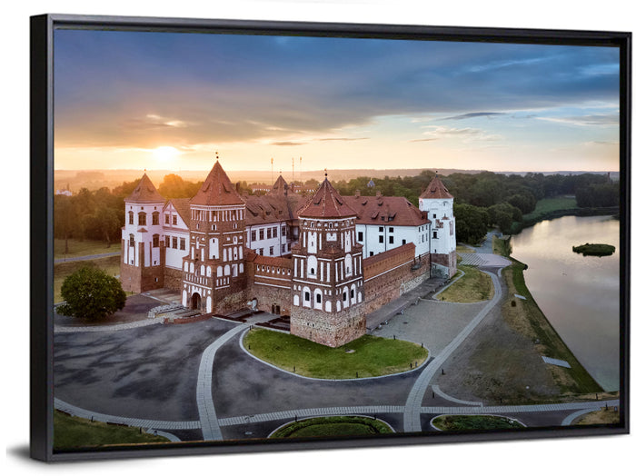 Mir Castle Sunrise Over Lake Wall Art as a framed canvas