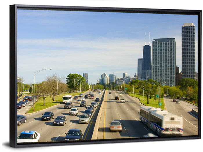 Chicago Expressway Toward Downtown Skyline Wall Art as a framed canvas