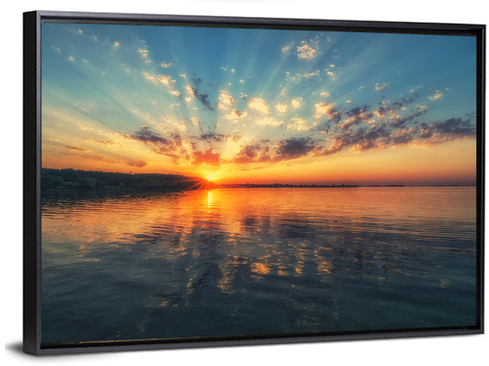 Sunburst Over River Wall Art as a framed canvas