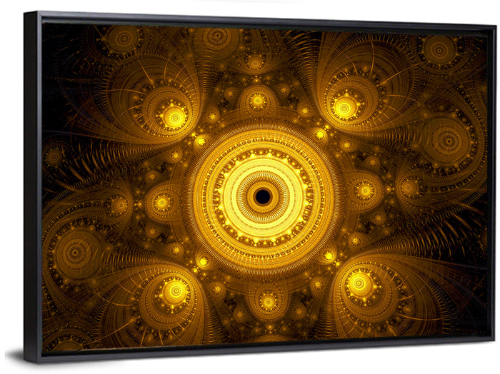 Golden Fractal Mandala Wall Art as a framed canvas