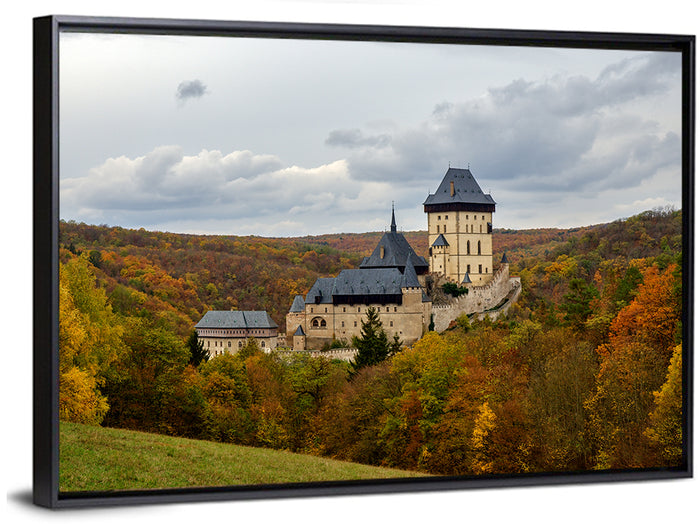 Karlštejn Castle in Autumn Forest Wall Art as a framed canvas
