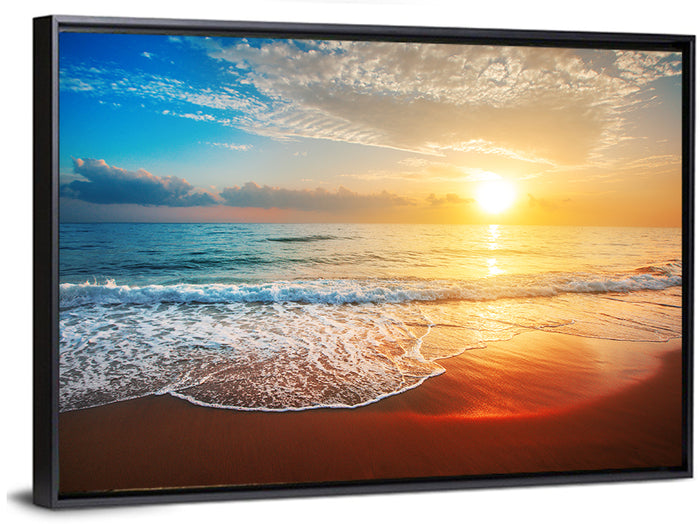 Golden Sea Sunset Wall Art as a framed canvas