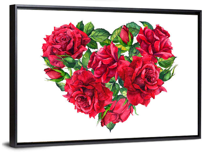 Watercolor Rose Heart Wall Art as a framed canvas