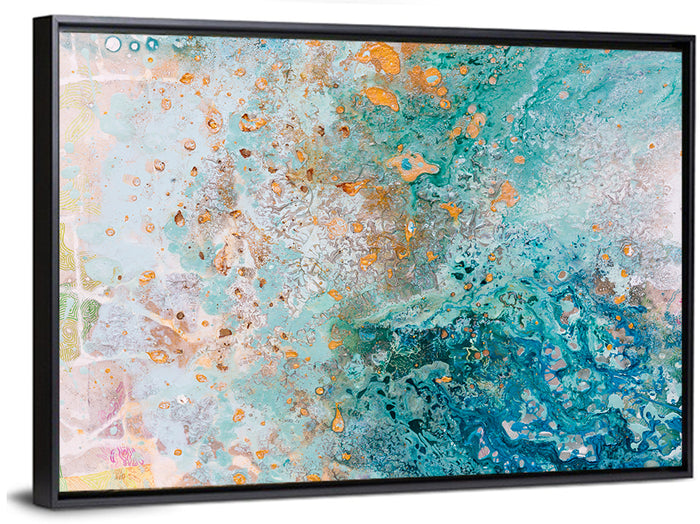 Teal Water Drops Abstract Wall Art as a framed canvas