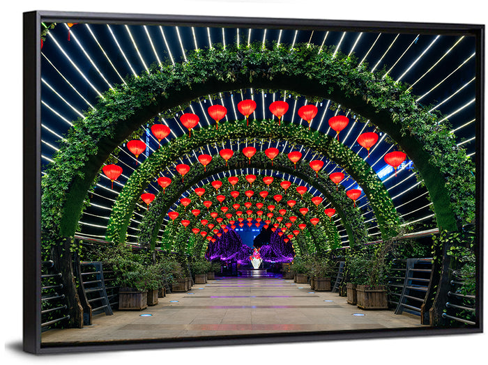 Red Lantern Trellis Tunnel Wall Art as a framed canvas