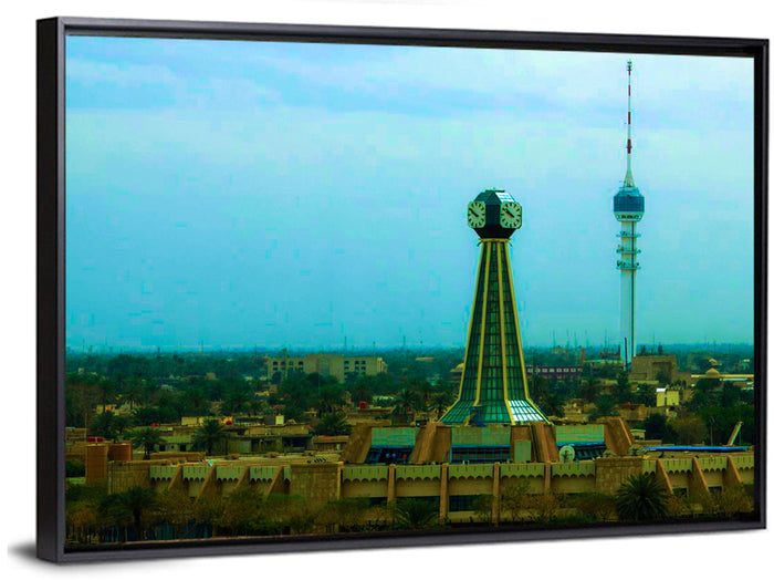 Baghdad Clock Tower Cityscape Wall Art as a framed canvas
