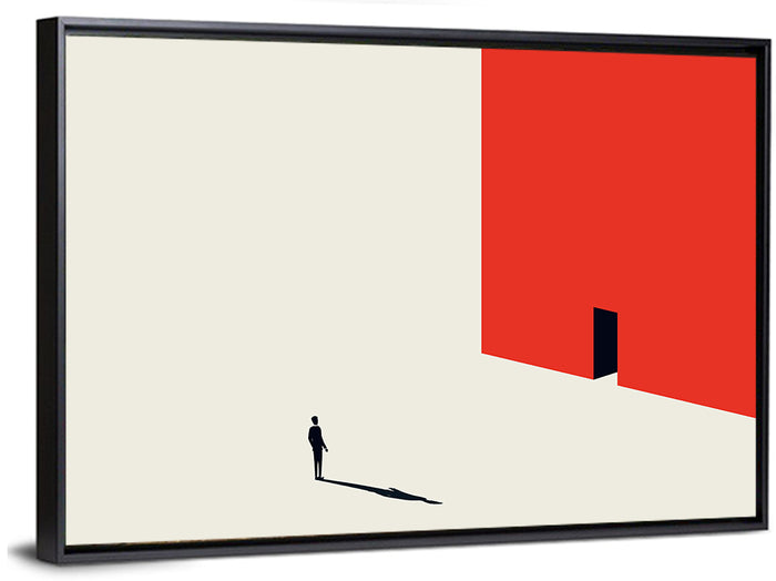 Solitary Figure with Red Door Wall Art as a framed canvas