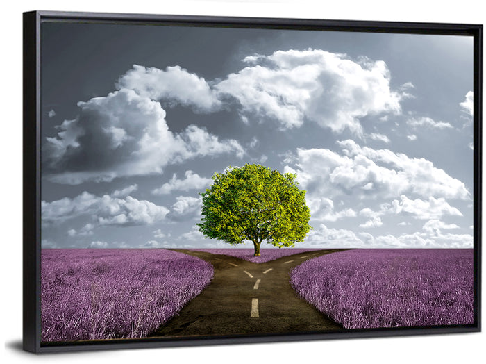 Lavender Field Crossroads with Lone Tree Wall Art as a framed canvas