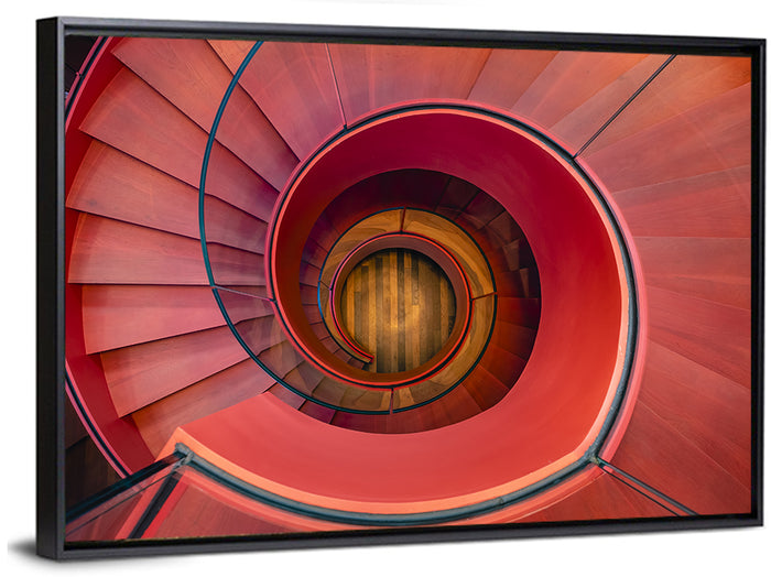 Red Spiral Staircase Wall Art as a framed canvas