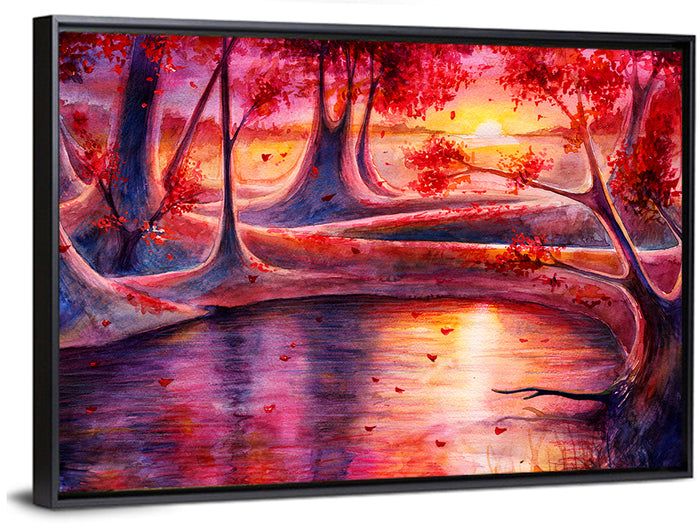 Autumn Forest Lake at Dusk Wall Art as a framed canvas