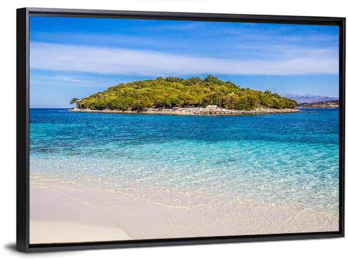 Butrint Turquoise Island Beach Wall Art as a framed canvas
