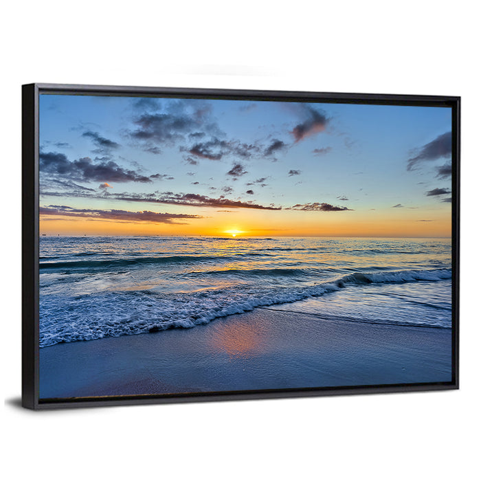 Foamy Waves at Golden Sunset Wall Art as a framed canvas
