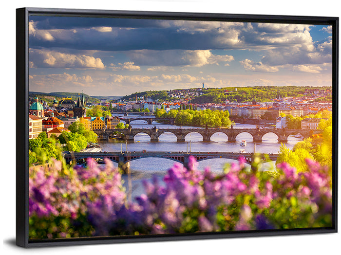 Prague Vltava Bridges in Spring Light Wall Art as a framed canvas