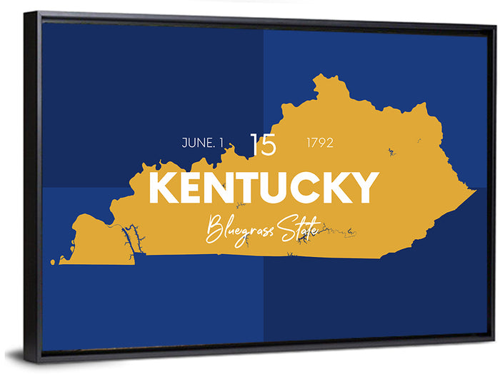 Blue and Gold Kentucky Map Wall Art as a framed canvas