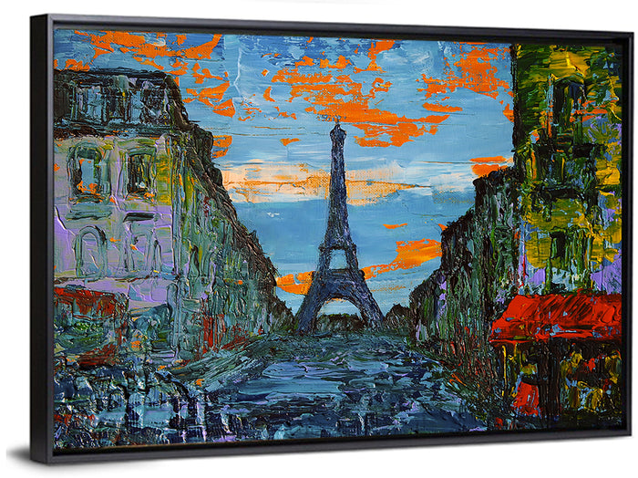 Paris Dusk Street, Eiffel Tower Wall Art as a framed canvas