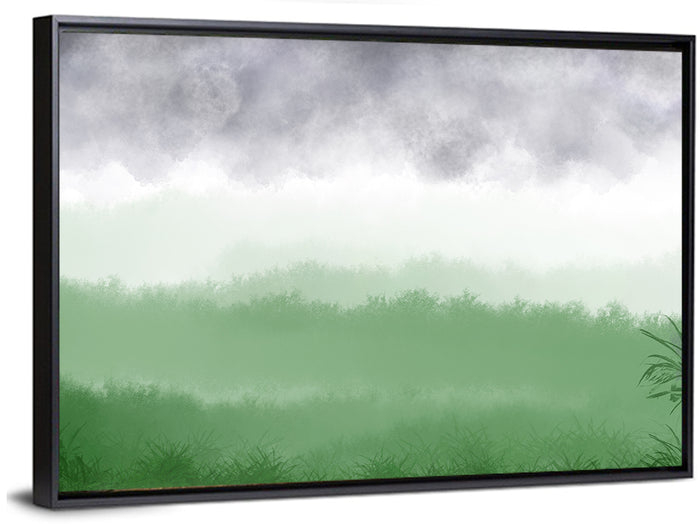 Misty Green Fields Wall Art as a framed canvas
