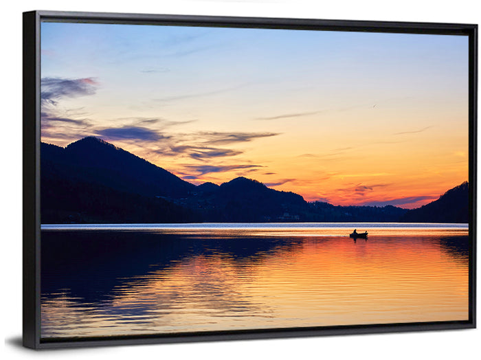 Lake Fuschl Sunset with Boat Wall Art as a framed canvas