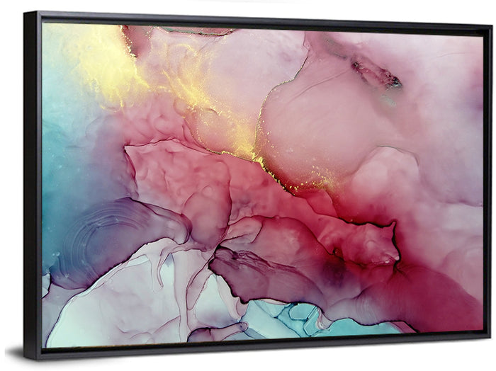 Pink and Gold Fluid Abstract Wall Art as a framed canvas