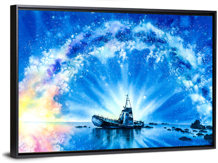 Shipwreck Under Milky Way Wall Art as a framed canvas