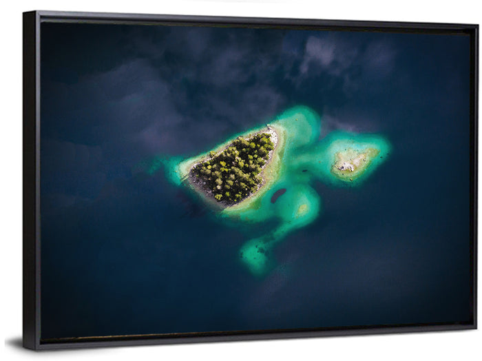 Lake Eibsee Turtle Islands Aerial Wall Art as a framed canvas