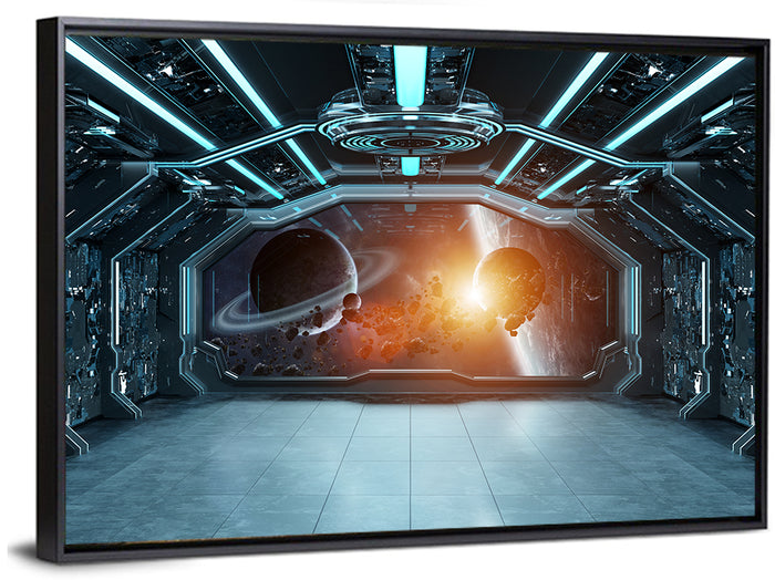 Space Station View with Ringed Planet Wall Art as a framed canvas