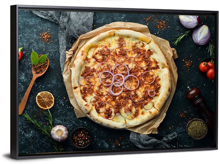 Spicy Pizza with Red Onion Wall Art as a framed canvas