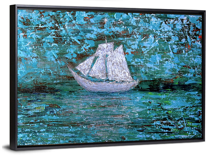 White Sailboat Reflection Wall Art as a framed canvas