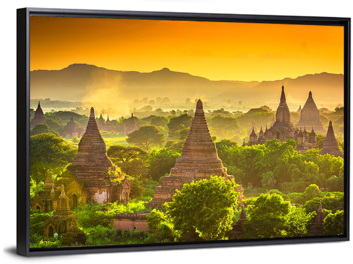 Bagan Golden Hour Temples Wall Art as a framed canvas
