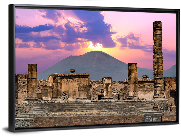 Pompeii Columns at Sunset, Mount Vesuvius Wall Art as a framed canvas
