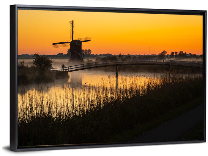 Misty Sunrise Windmill Wall Art as a framed canvas