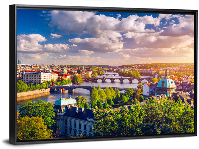 Prague Golden Hour Over Charles Bridge Wall Art as a framed canvas